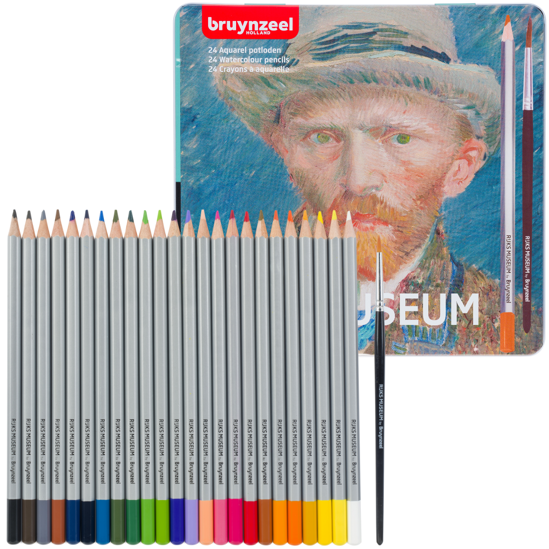 Conjunto de lápis aguarela com imagem do autorretrato de Van Gogh com 24 unidades da Bruynzeel.